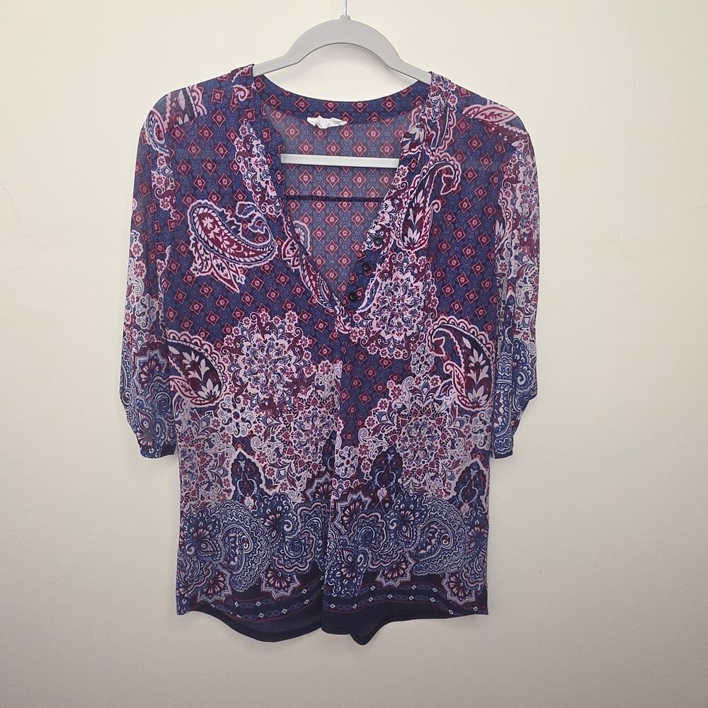 Siren Lily Bohemian Roll-Tab Tunic Ornate Paisley & Geometric Mesh Blouse Size M - Picture 3 of 7